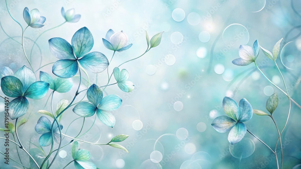 Fototapeta premium Serene Aqua Floral Design Delicate Blooms and Soft Bokeh Background