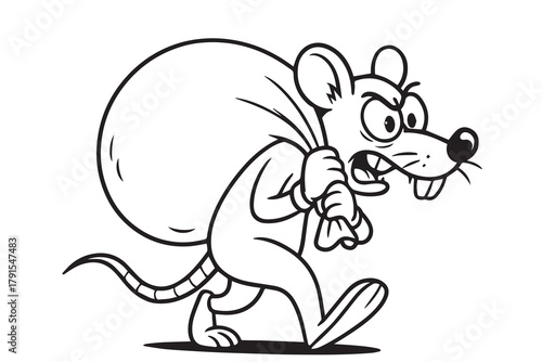 A clean, black and white vector design showing a rat with a large bag of cash, serving as a metaphor for corruption and theft, illustrated with bold conceptual lines.