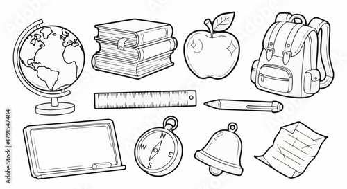 Educational Supplies and School Items Hand Drawn Outline Collection.