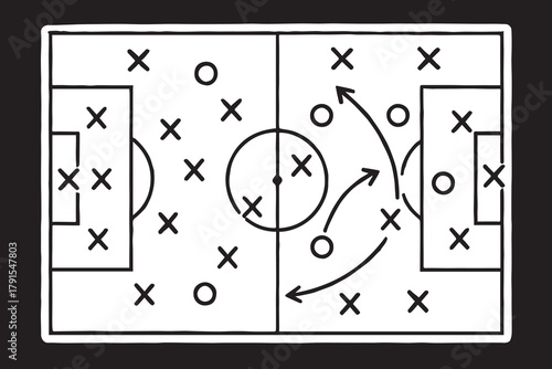 A clean black and white vector illustration of a soccer tactics board showing passing routes and goal direction arrows, symbolizing unity, focus, and strategic teamwork.