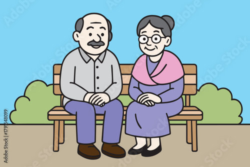 A colorful vector illustration of an elderly couple sitting peacefully in a park, surrounded by nature, symbolizing lasting love, harmony, and the joy of togetherness.