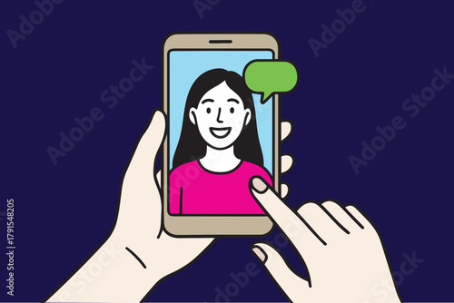 Bright vector depiction of someone on a video call using their smartphone, enriched with colorful gradients and technology themed details to highlight modern digital interaction.