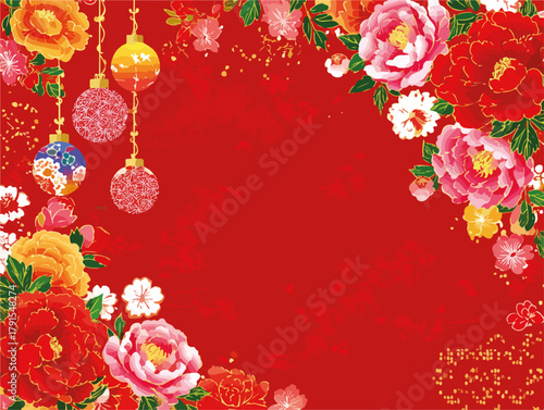 Fundo vermelho vibrante com flores de peônia e ornamentos festivos, vetor de arte asiática