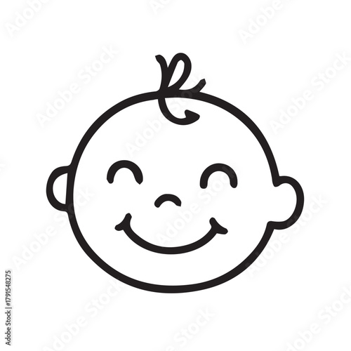 Black and white minimalist vector icon of a baby face, created with gentle lines and balanced proportions to capture softness, joy, and youthful innocence.