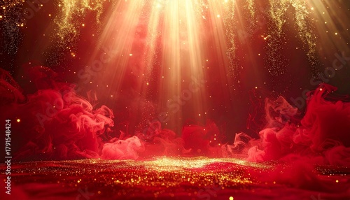 Mystical stage illuminated by heavenly golden light rays piercing through vibrant red smoke clouds