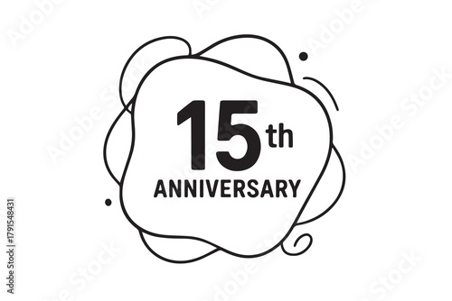 A modern black and white vector illustration for 15th anniversary celebration, featuring geometric flow and clear linework that convey harmony, joy, and refined sophistication.