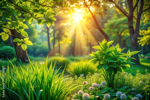 Golden Sunlight Illuminates Lush Green Garden Landscape Featuring Vibrant Foliage and Rays of Light Piercing Through Trees