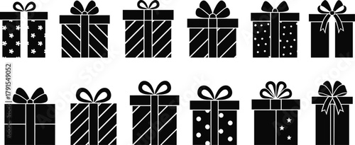 Gift box icons, black and white vector, ribbon styles, festive packaging, holiday symbols, graphic design set, celebration illustration elements