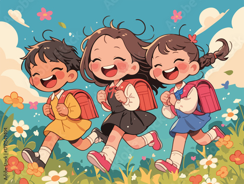 Três crianças felizes correndo juntas com mochilas em um campo florido, celebrando a alegria da infância e da escola.