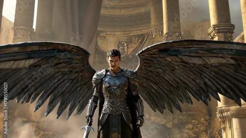 Powerful angel warrior with sword and wings standing in an ancient temple.