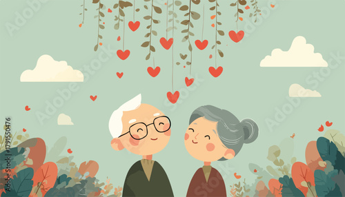 Casal idoso sorridente em um cenário romântico com corações suspensos e flores, vetor.