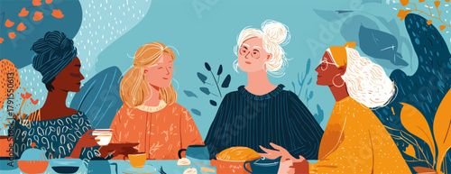 Ilustração vetorial de quatro mulheres de etnias diversas reunidas para um encontro social, celebrando a amizade e união.