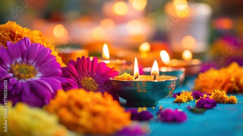 Colorful flowers and candles, Diwali celebration, festive ambiance, possible stock photo for holiday or event backgrounds