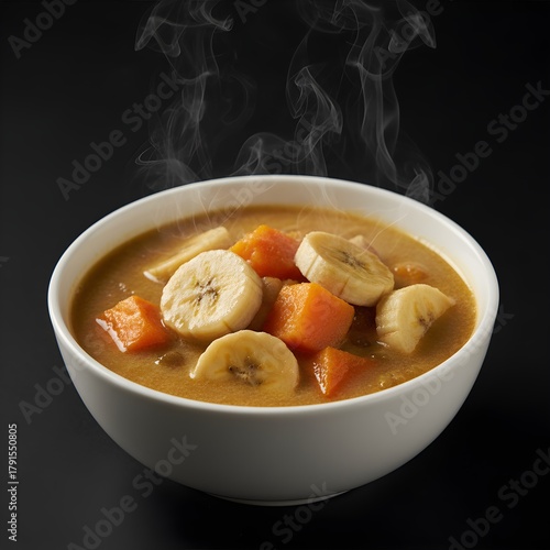 kolak, indonesian food Steaming Banana and Sweet Potato Curry in a White Bowl