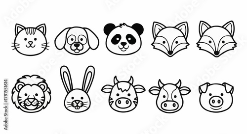 Adorable animal faces collection featuring cat dog panda fox lion rabbit cow and pig.