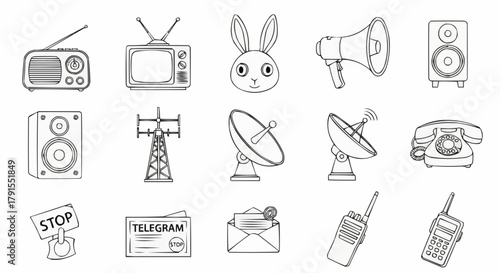 Hand-drawn doodle set of various communication and media icons.