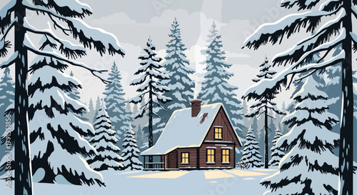 Flat Illustration Winter Cabin Scene Surrounded by Snow Covered Trees