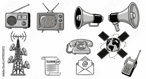 Collection of vintage and modern communication devices and technology icons.