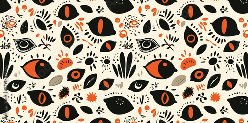 Padrão abstrato de olhos e elementos botânicos em vetor com cores vibrantes e estilo lúdico.
