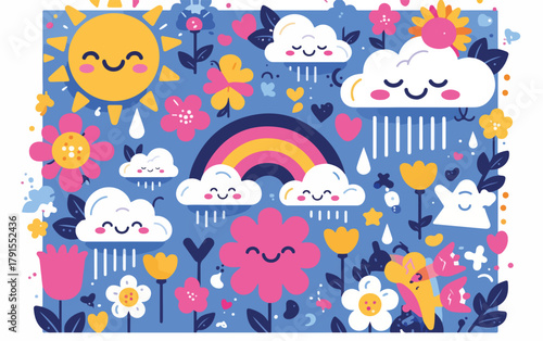Vetor divertido de dia ensolarado com arco-íris, nuvens sorridentes, flores e chuva em estilo kawaii.