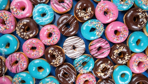 A colorful assortment of delicious donuts with various toppings and decorations are arranged in a visually appealing pattern, creating a delightful and tempting display for dessert lovers