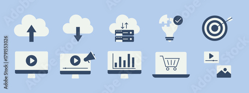 SEO symbol icon set. Solid vector icons. Flat illustration concept.