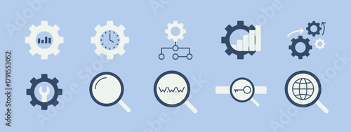 SEO symbol icon set. Solid vector icons. Flat illustration concept.