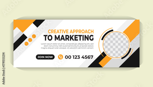 Minimalist corporate Facebook cover template with strong yellow accent, photo holder, clean design and professional typography
