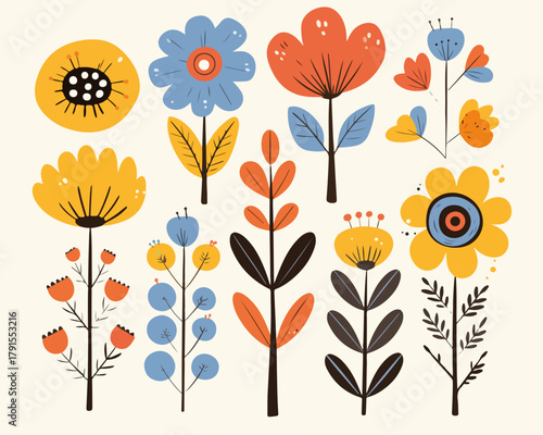 Conjunto de flores e plantas estilizadas em vetor, com cores vibrantes e design plano, perfeito para decoração.