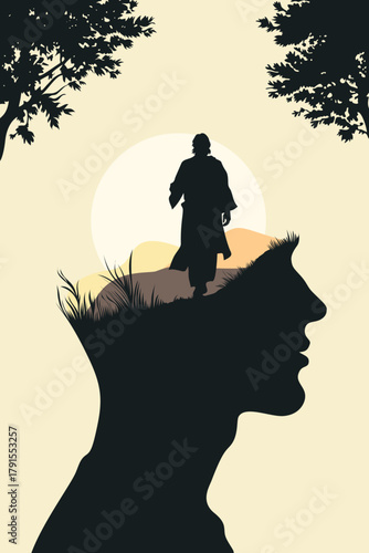 Surreal illustration of a lone figure walking on a landscape shaped inside a human head silhouette, symbolizing inner journeys, self-discovery, mindfulness, and the exploration of the subconscious.