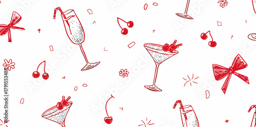 Padrão de vetor desenhado à mão com coquetéis, cerejas e laços vermelhos em fundo branco.