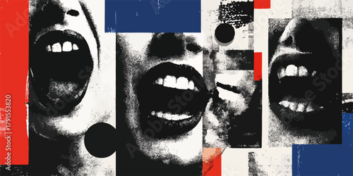 Colagem abstrata com bocas gritando em preto e branco, detalhes em vermelho e azul.