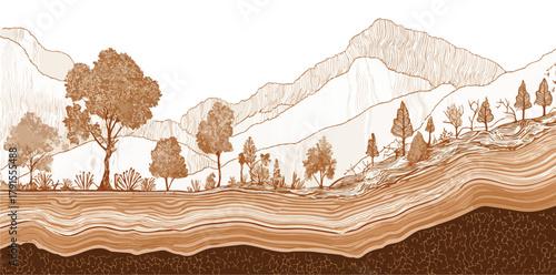 Ilustração vetorial de paisagem montanhosa com árvores e camadas de terra em tons de sépia.