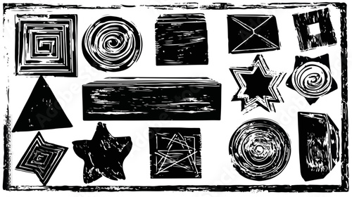Coleção de formas geométricas abstratas em preto e branco com textura de carimbo para design gráfico e arte.