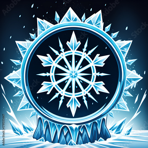 Stunning frozen snowflake emblem on icy pedestal sparkles with winter magic, perfect for seasonal designs