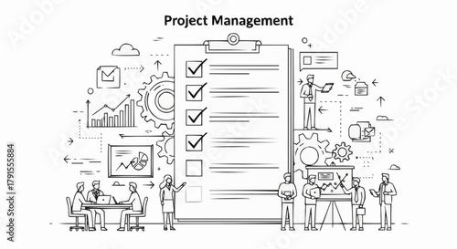 Project Management Checklist and Team Collaboration Illustration.