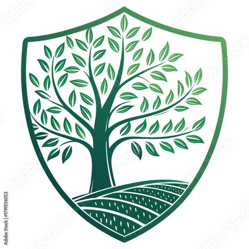 A stylized green shield emblem featuring a tree with lush leaves and a field of crops below, symbolizing growth and protection