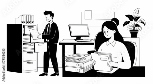 Office Workers Managing Documents and Filing Paperwork.