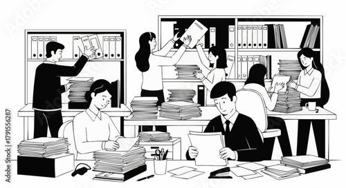 Busy Office Workers Handling Paperwork and Filing Documents.