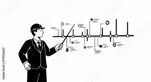 Man in Suit Presenting Timeline Diagram with Pointer.
