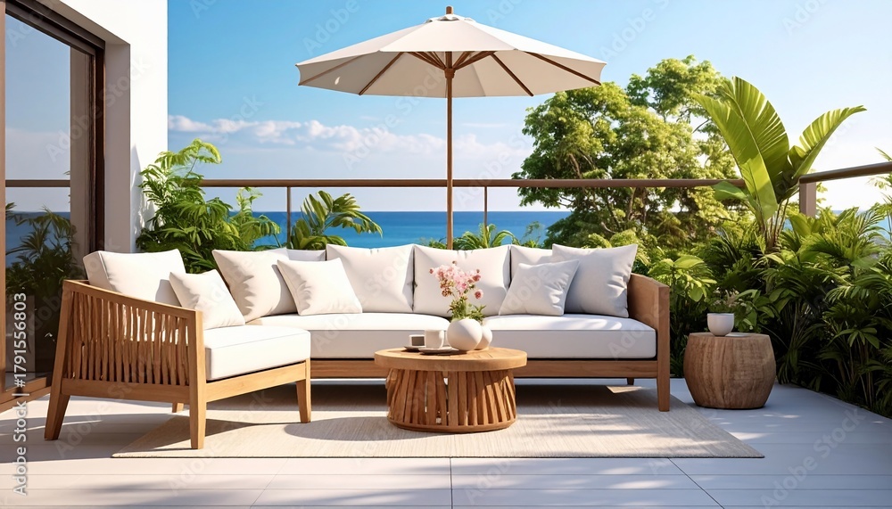 Obraz premium Sunny Balcony Lounge Relaxing Beachside View with Modern Furniture, and Ocean Backdrop.