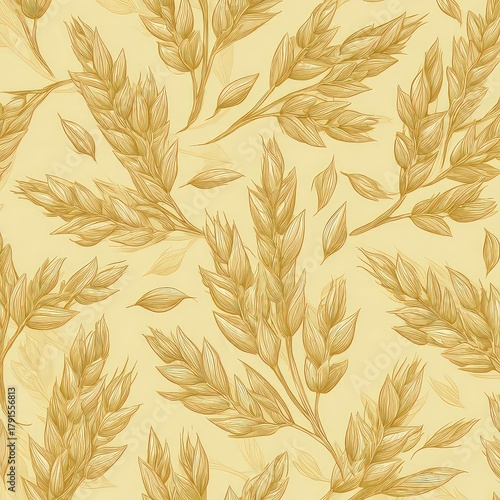 Golden Floral Pattern on Cream Background Displaying Repeating Botanical Elements and Abstract Design