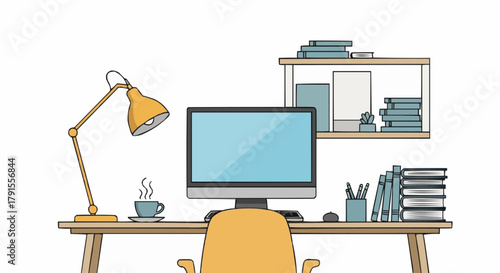 Illustration of a Home Office Setup with Computer and Desk.