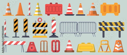 Road construction and safety icons for infrastructure design and traffic control projects