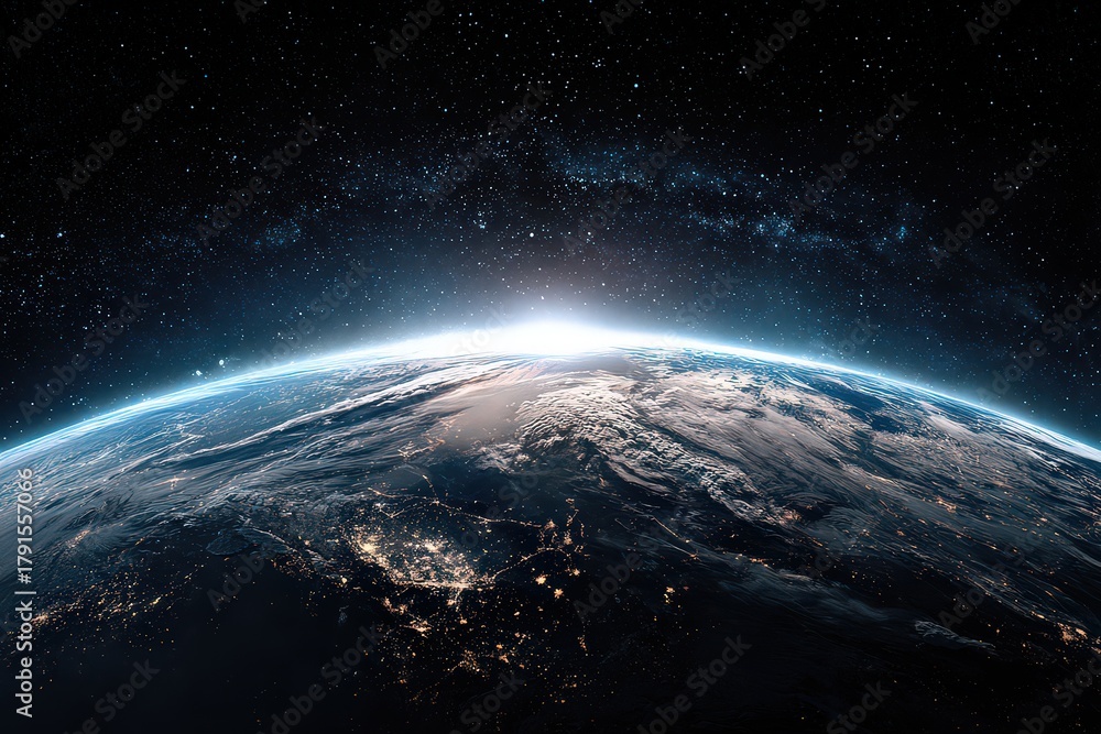 Obraz premium Detailed Aerial View of Earth from Space with City Lights and Starry Background