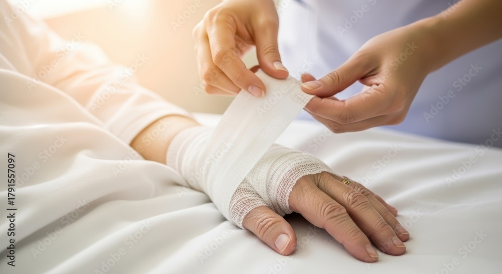 Obraz premium A person wrapping a bandage around another person's hand on a white bed in a bright room setting
