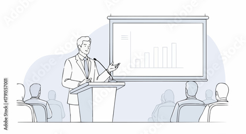 Professional speaker delivering presentation to audience with graph on screen.