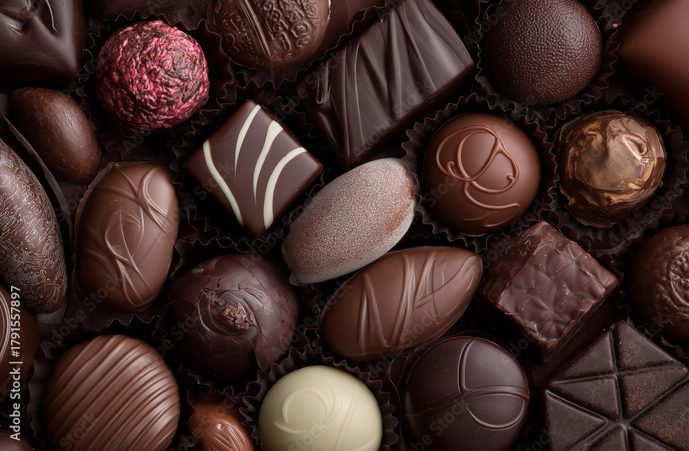 Fototapeta premium Indulge in Luxurious Chocolates A Delicious Assortment of Gourmet Treats Perfect for Gifts, Celebrations, and Sweet Indulgence Moments, so Enjoy!