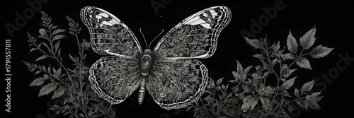 Black and white butterfly with detailed wings perched on leafy plants on dark background