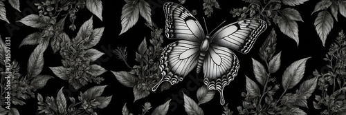 Black and White Butterfly with Detailed Leaves and Flowers on Dark Background